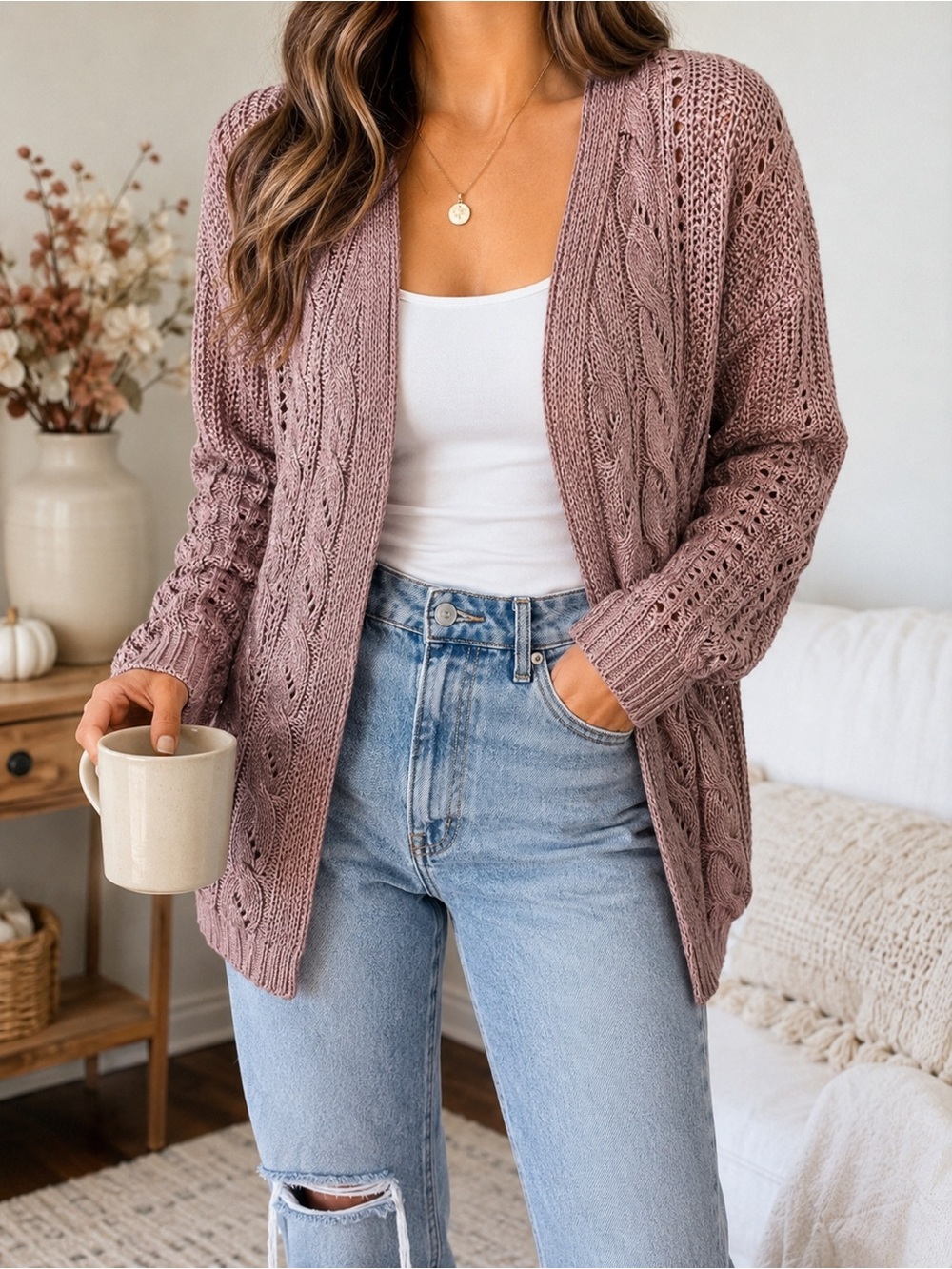 Cable Knit Open Front Sweater